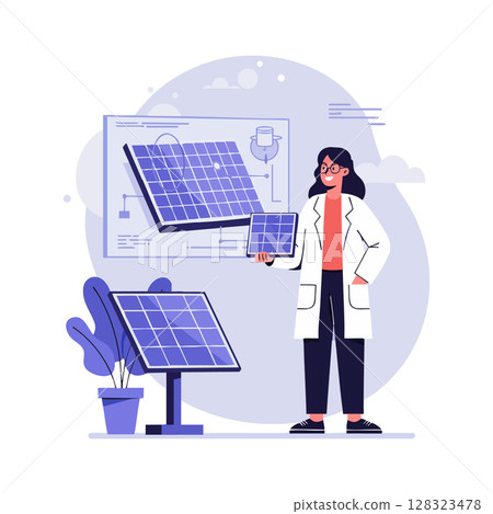 Woman scientist presenting solar panels renewable energy technology research vector illustration Woman scientist presenting solar panels renewable energy technology research vector illustration 128323478