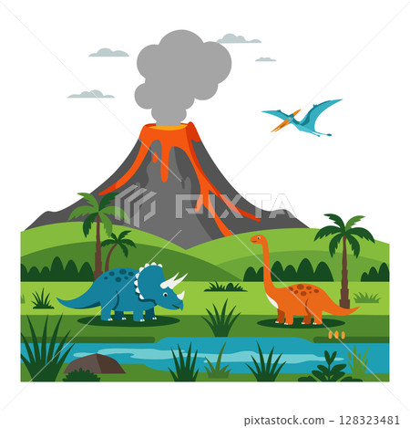Active volcano with erupting lava and prehistoric dinosaurs near tropical lake vector illustration 128323481