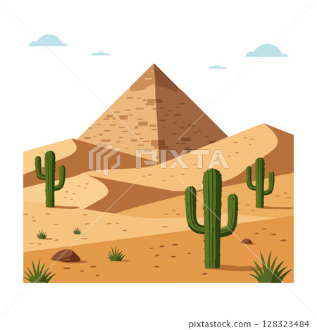 Pyramid in Desert Landscape with Cactus and Sandy Dunes Illustration Vector Pyramid in Desert Landscape with Cactus and Sandy Dunes Illustration Vector 128323484
