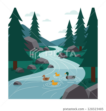 River landscape with ducks swimming among pine trees and rocks in forest setting 128323485