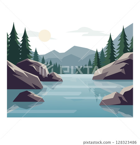 Mountain lake landscape with pine trees and rocks vector illustration natural scenery peaceful calm 128323486
