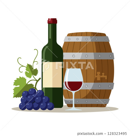 Wine bottle glass grapes and wooden barrel vector illustration with vineyard elements Wine bottle glass grapes and wooden barrel vector illustration with vineyard elements 128323495