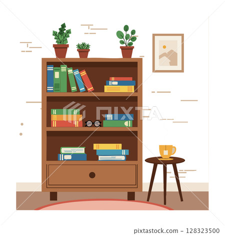Wooden bookshelf with plants books and coffee cup in cozy living room vector illustration Wooden bookshelf with plants books and coffee cup in cozy living room vector illustration 128323500