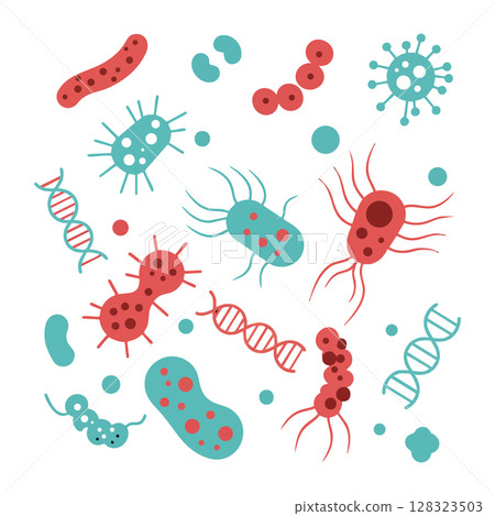 Microscopic bacteria and DNA strands vector illustration in red and blue colors for science and biology concepts Microscopic bacteria and DNA strands vector illustration in red and blue colors for science and biology concepts 128323503