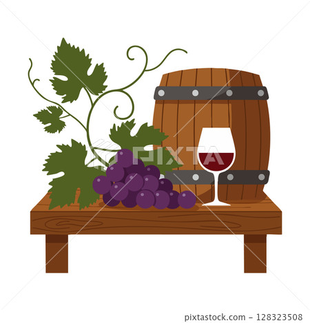 Wine barrel with glass and purple grapes on wooden table vector illustration Wine barrel with glass and purple grapes on wooden table vector illustration 128323508
