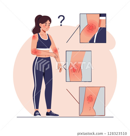 Woman with Joint Pain in Arm Knee and Ankle Illustration Showing Inflammation Areas Woman with Joint Pain in Arm Knee and Ankle Illustration Showing Inflammation Areas 128323510