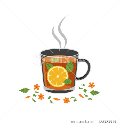 Hot tea with lemon slice and mint leaves in clear cup with orange flowers vector illustration Hot tea with lemon slice and mint leaves in clear cup with orange flowers vector illustration 128323515