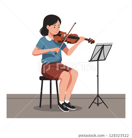 Young woman playing violin sitting on stool with music stand and sheet music vector illustration 128323522
