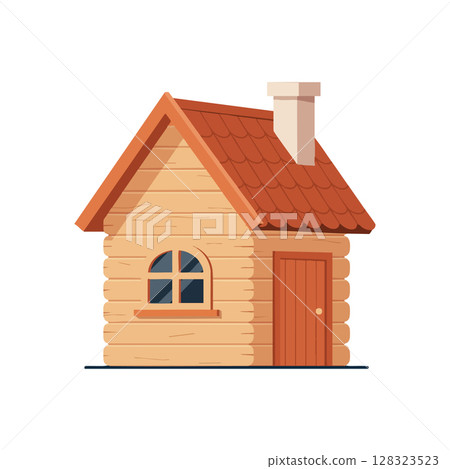 Wooden house with red roof and chimney vector illustration in flat style 128323523