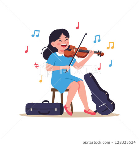 Girl playing violin with music notes in colorful illustration vector artwork 128323524