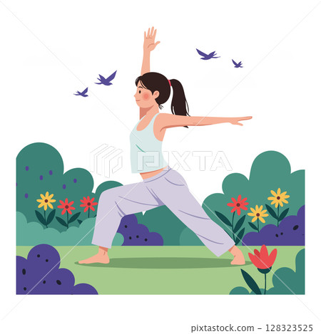 Woman practicing yoga warrior pose outdoors in garden with birds and flowers vector illustration 128323525