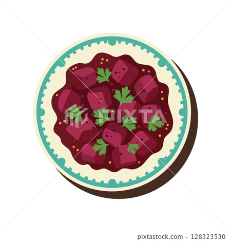 Beef stew with parsley garnish on decorative plate vector illustration food dish Beef stew with parsley garnish on decorative plate vector illustration food dish 128323530
