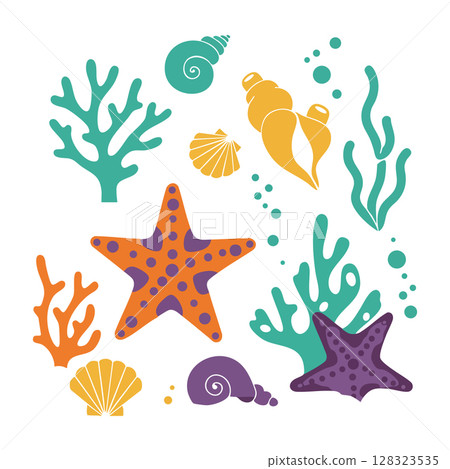 Colorful marine life vector with starfish coral seashells and seaweed illustration design 128323535