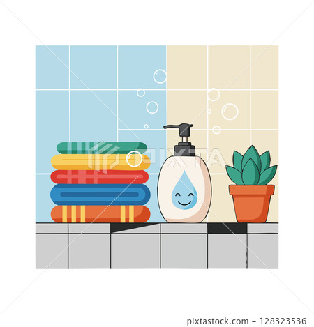 Bathroom shelf with colorful towels soap dispenser and potted plant vector illustration 128323536