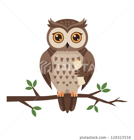 Owl sitting on tree branch holding scroll vector illustration with green leaves natural design 128323538
