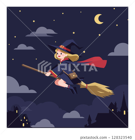 Witch flying on broomstick in night sky with crescent moon and stars vector illustration Witch flying on broomstick in night sky with crescent moon and stars vector illustration 128323540