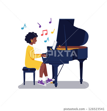 Girl playing grand piano with colorful music notes vector illustration Girl playing grand piano with colorful music notes vector illustration 128323541