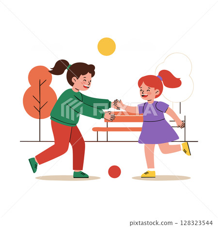 Children Playing Outdoors with Ball in Park Illustration Vector Design 128323544