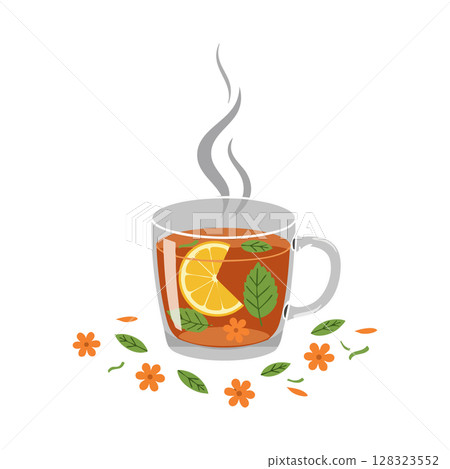 Hot herbal tea with lemon slice and mint leaves in clear glass cup illustration Hot herbal tea with lemon slice and mint leaves in clear glass cup illustration 128323552