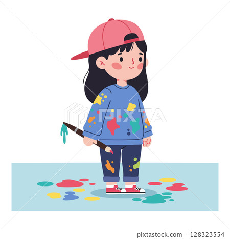 Little girl with paintbrush and colorful paint stains on clothing vector illustration 128323554