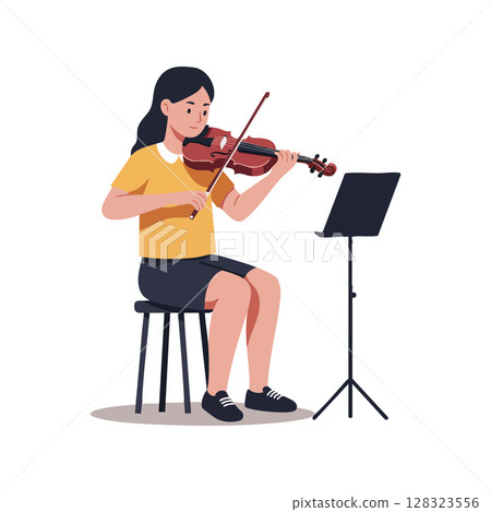 Girl Playing Violin Sitting on Stool with Music Stand Illustration Vector 128323556