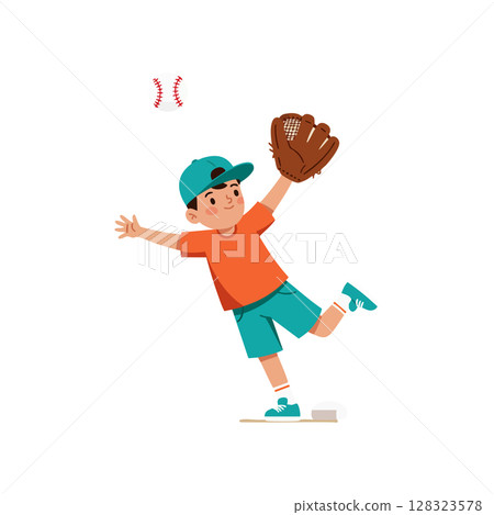 Boy catching baseball with glove in turquoise cap orange shirt active play vector illustration 128323578