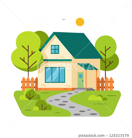 Modern house with green roof and garden pathway in sunny day vector illustration 128323579