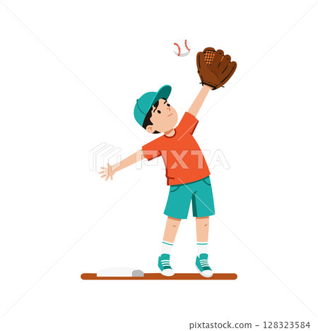 Boy catching baseball with glove in casual sportswear vector illustration 128323584