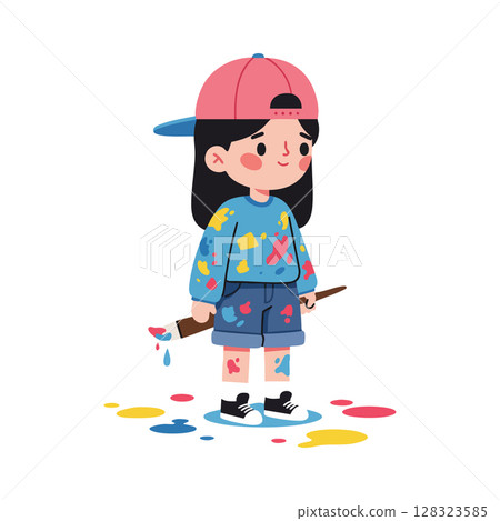 Girl wearing red cap and blue paint splattered clothes holding paintbrush vector illustration Girl wearing red cap and blue paint splattered clothes holding paintbrush vector illustration 128323585
