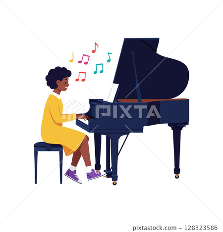 Child playing grand piano in yellow dress with musical notes vector illustration Child playing grand piano in yellow dress with musical notes vector illustration 128323586