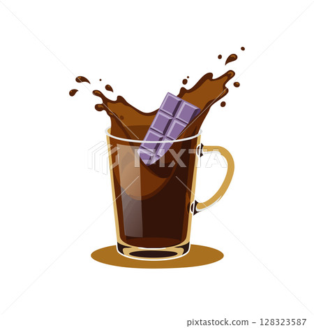 Hot chocolate drink with melting chocolate bar splash vector illustration design 128323587