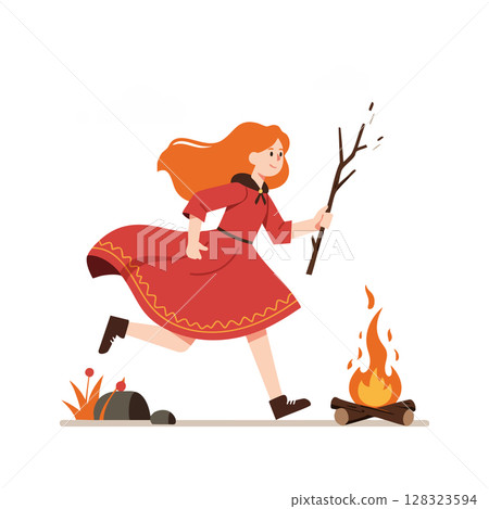 Girl in red dress running with stick near campfire vector illustration autumn outdoor activity 128323594