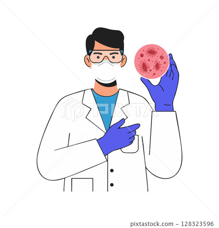 Scientist examining virus sample in laboratory wearing protective gear and gloves vector illustration Scientist examining virus sample in laboratory wearing protective gear and gloves vector illustration 128323596