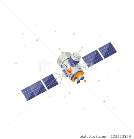 Satellite with solar panels orbiting in space vector illustration digital technology 128323599