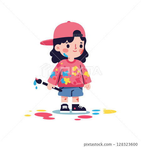 Child with paintbrush and colorful splashes wearing red cap and casual clothes vector illustration 128323600