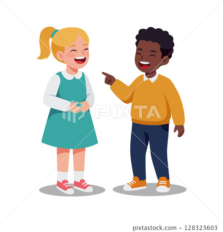 Two Children Laughing and Enjoying a Funny Moment Together Vector Illustration Two Children Laughing and Enjoying a Funny Moment Together Vector Illustration 128323603