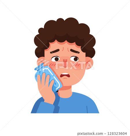 Boy with toothache holding ice pack on cheek in blue shirt vector illustration Boy with toothache holding ice pack on cheek in blue shirt vector illustration 128323604