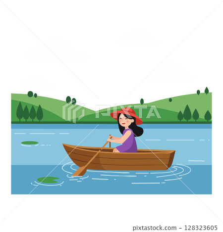 Woman rowing wooden boat on lake with green hills landscape vector illustration 128323605