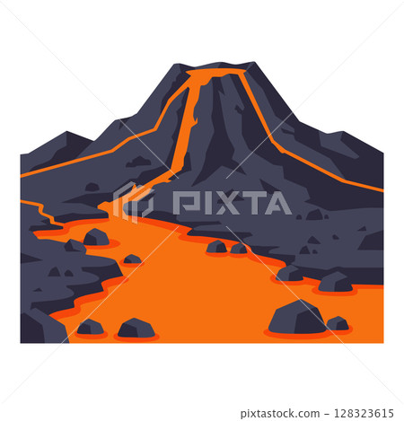 Volcano erupting with flowing lava and surrounding rocks natural landscape vector illustration Volcano erupting with flowing lava and surrounding rocks natural landscape vector illustration 128323615