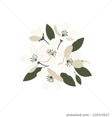 White and beige floral bouquet with green leaves vector illustration for design and decoration 128323617
