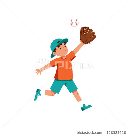 Boy playing baseball catching ball with glove in sports activity vector illustration Boy playing baseball catching ball with glove in sports activity vector illustration 128323618