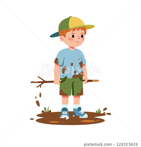 Young boy playing outdoors with mud and stick wearing cap and shorts vector illustration 128323628