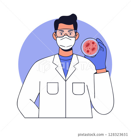 Scientist holding petri dish with bacteria vector illustration in white coat and protective mask 128323631