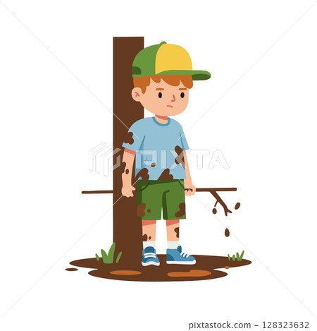 Sad boy standing by tree with dirty clothes and muddy shoes vector illustration 128323632