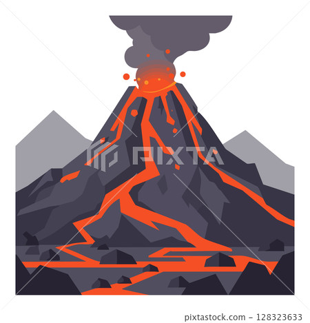 Erupting volcano with flowing lava and ash clouds natural disaster illustration vector 128323633