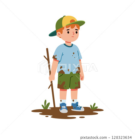 Boy standing muddy clothes holding stick illustration in casual wear vector 128323634