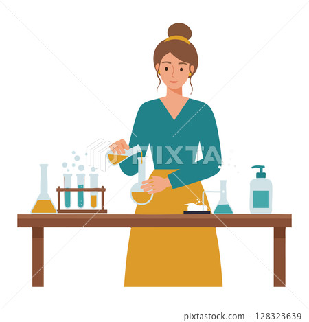 Female Scientist Mixing Chemicals in Laboratory with Test Tubes and Beakers Vector Illustration 128323639