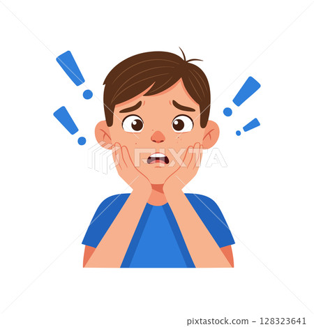 Worried boy holding face with exclamation marks vector illustration expressing anxiety and surprise Worried boy holding face with exclamation marks vector illustration expressing anxiety and surprise 128323641