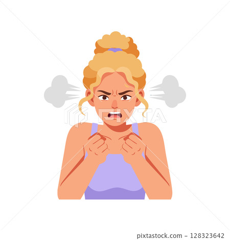 Angry woman with clenched fists and steam coming from ears frustration expression vector illustration 128323642