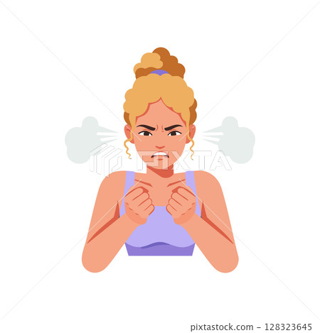 Angry woman with steam from ears and clenched fists expressing frustration vector illustration Angry woman with steam from ears and clenched fists expressing frustration vector illustration 128323645